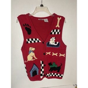 Vintage 90s Grandma Red Knit Sweater Vest Dog Embroidered Button Petite Medium